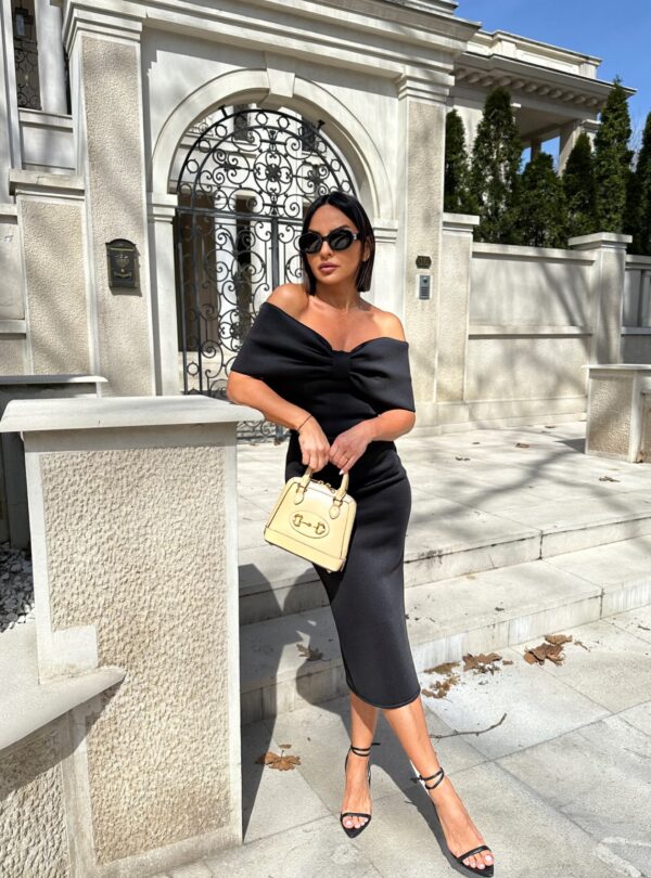 Lorenza Black midi haljina sa dekolte mašnom