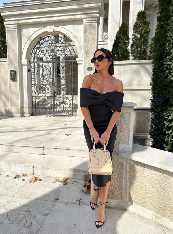 Lorenza Black midi haljina sa dekolte mašnom