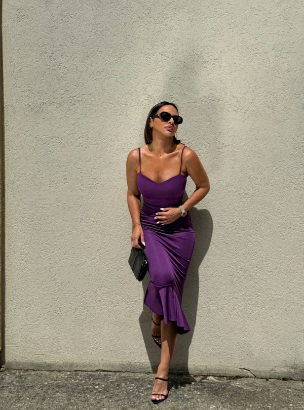 Ljubičasta midi sirena haljina na bretele sa karnerom