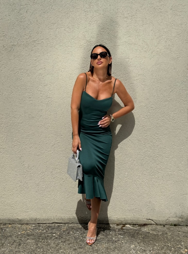 Petrolej zelena midi sirena haljina na bretele sa karnerom