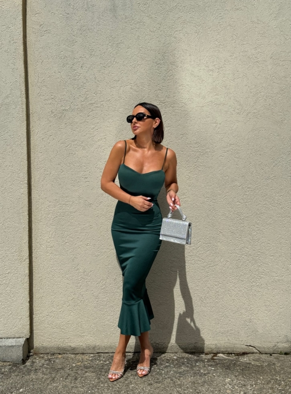 Petrolej zelena midi sirena haljina na bretele sa karnerom