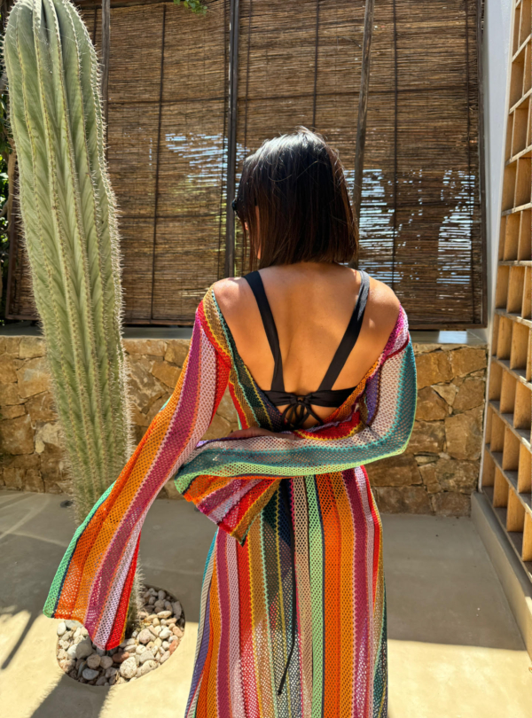 Duga šarena boho providna kaftan haljina za plažu zvonastih rukava