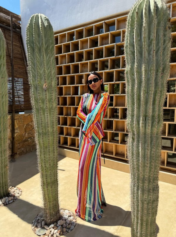 Duga šarena boho providna kaftan haljina za plažu zvonastih rukava