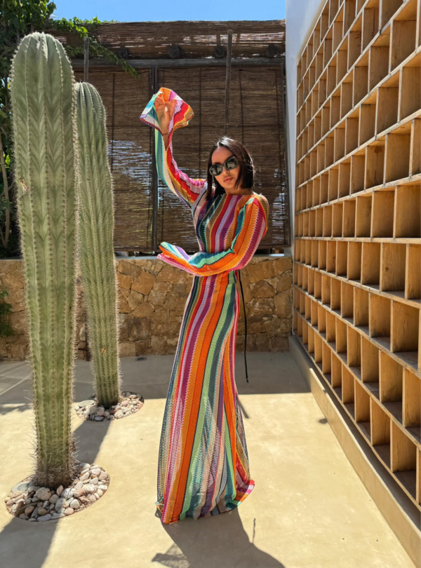 Duga šarena boho providna kaftan haljina za plažu zvonastih rukava