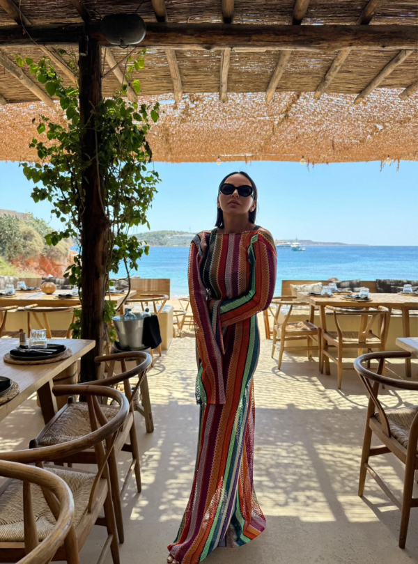 Duga šarena boho providna kaftan haljina za plažu zvonastih rukava