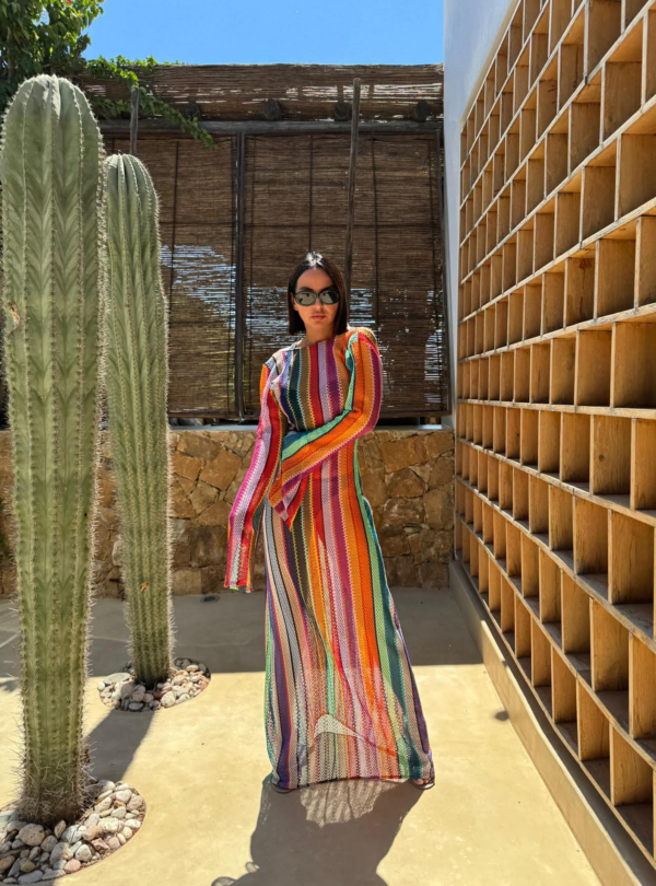 Duga šarena boho providna kaftan haljina za plažu zvonastih rukava