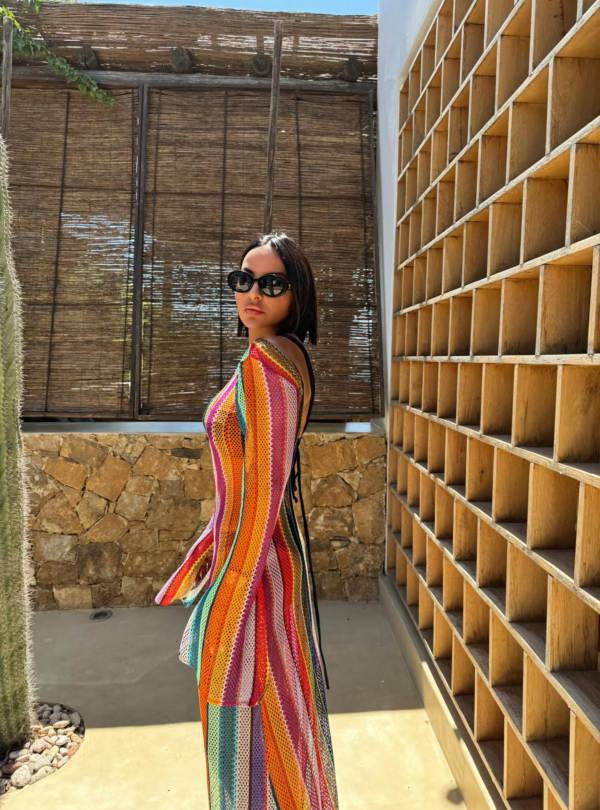 Duga šarena boho providna kaftan haljina za plažu zvonastih rukava