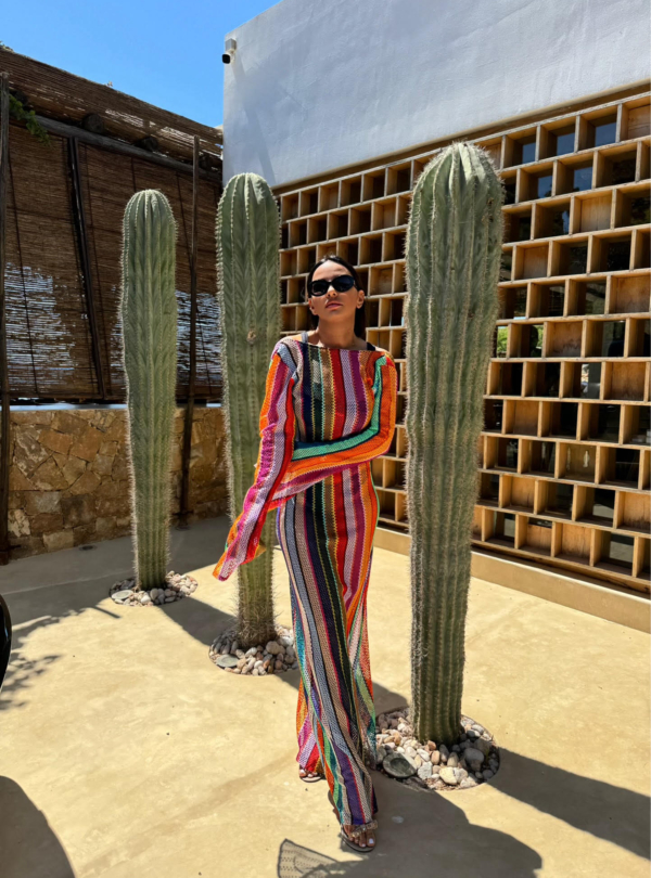 Duga šarena boho providna kaftan haljina za plažu zvonastih rukava