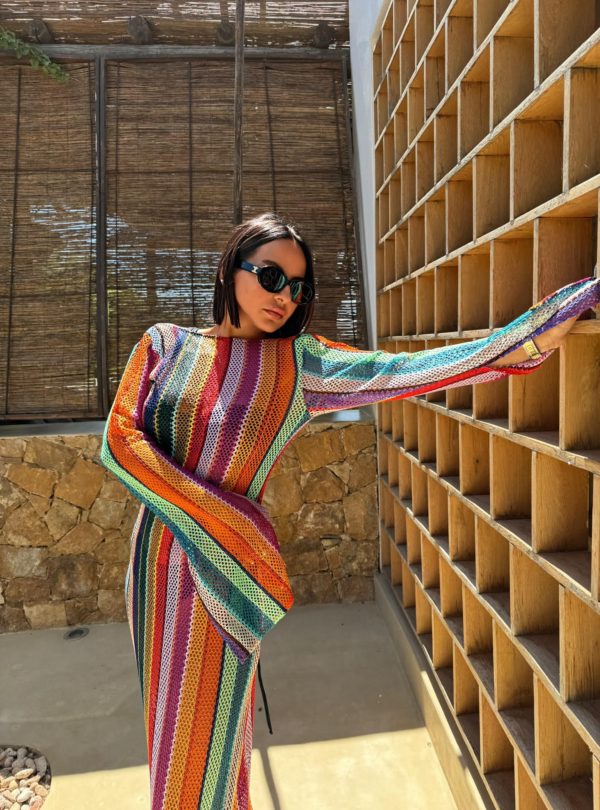 Duga šarena boho providna kaftan haljina za plažu zvonastih rukava