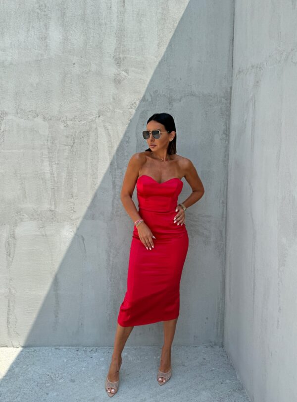 Midi uska crvena elegantna satenska korset haljina sa srce dekolteom