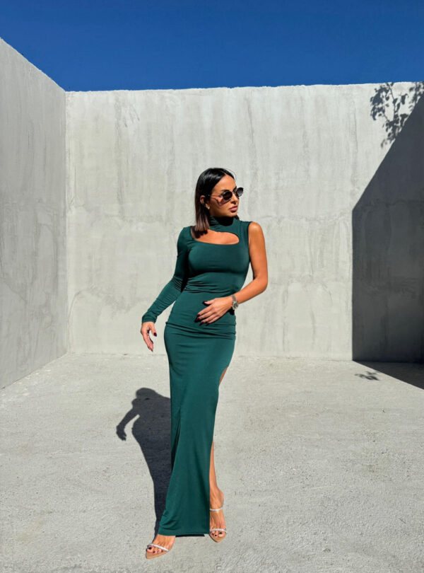 Duga petrolej zelena asimetrična haljina sa jednim rukavom i dubokim šlicem sa rasečenim dekolteom i rolka kragnom