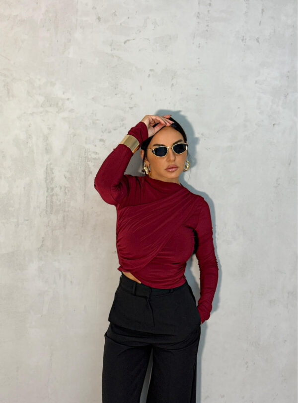 Bordo bluza dugih rukava sa preklopom i naborima