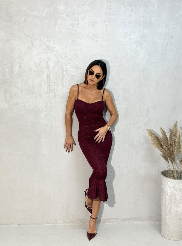 Elegantna bordo svetlucava uska sirena haljina na bretele ispod kolena