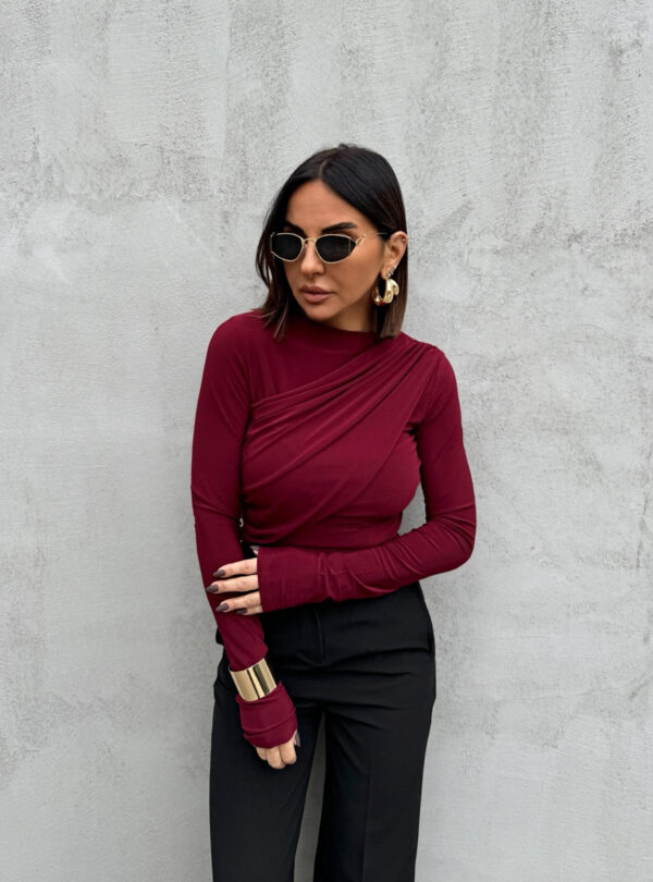 Bordo bluza dugih rukava sa preklopom i naborima