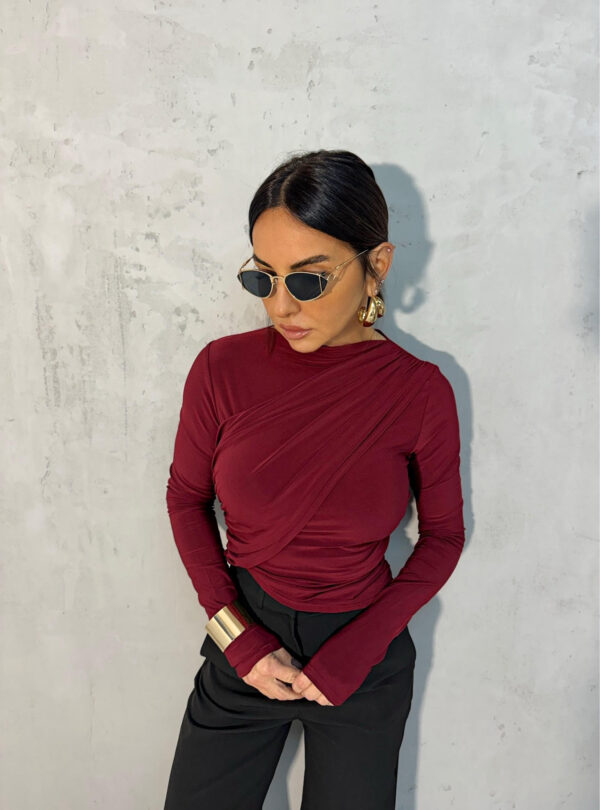 Bordo bluza dugih rukava sa preklopom i naborima