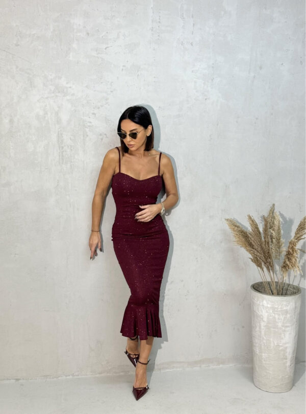 Elegantna bordo svetlucava uska sirena haljina na bretele ispod kolena