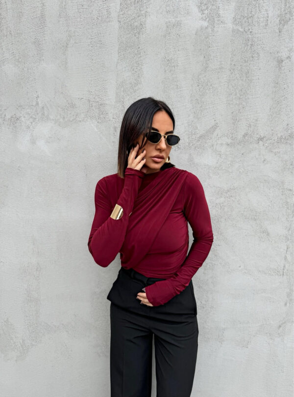 Bordo bluza dugih rukava sa preklopom i naborima