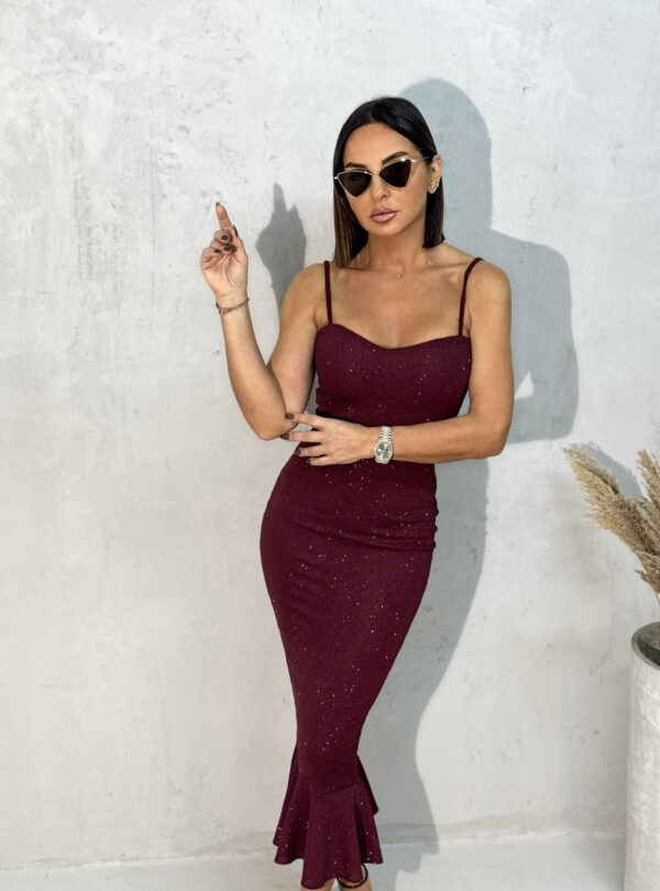 Elegantna bordo svetlucava uska sirena haljina na bretele ispod kolena