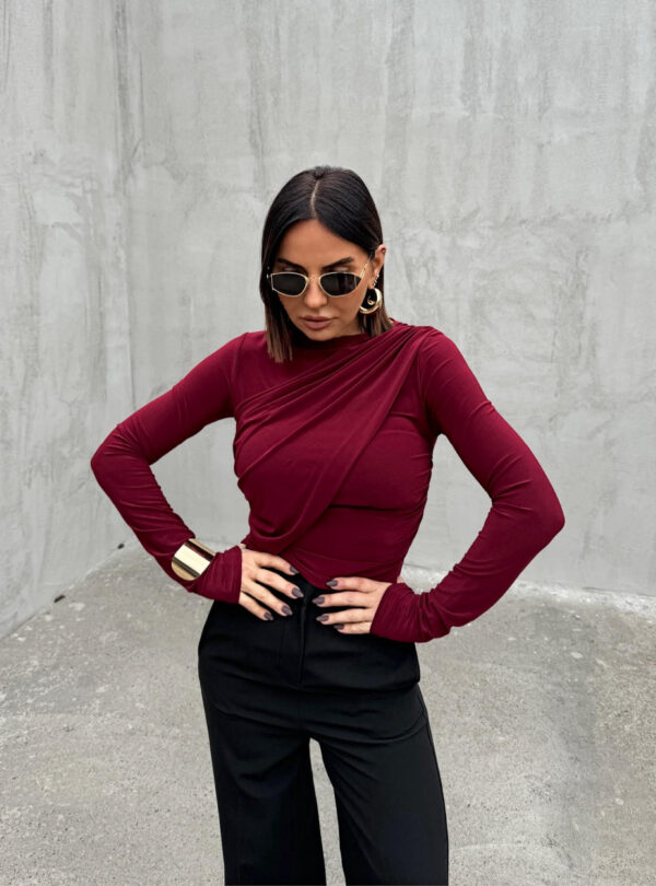 Bordo bluza dugih rukava sa preklopom i naborima