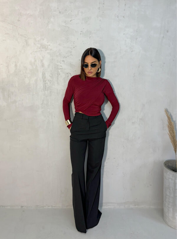 Bordo bluza dugih rukava sa preklopom i naborima