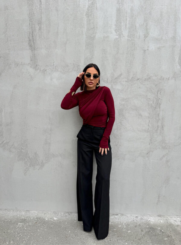 Bordo bluza dugih rukava sa preklopom i naborima