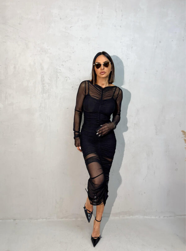 Midi crna dvodelna polutransparentna haljina dugih rukava naboranih detalja od tila ispod kolena