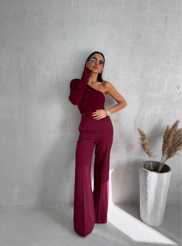 Bordo trendy zvonaste pantalone visokog struka sa kosim džepovima