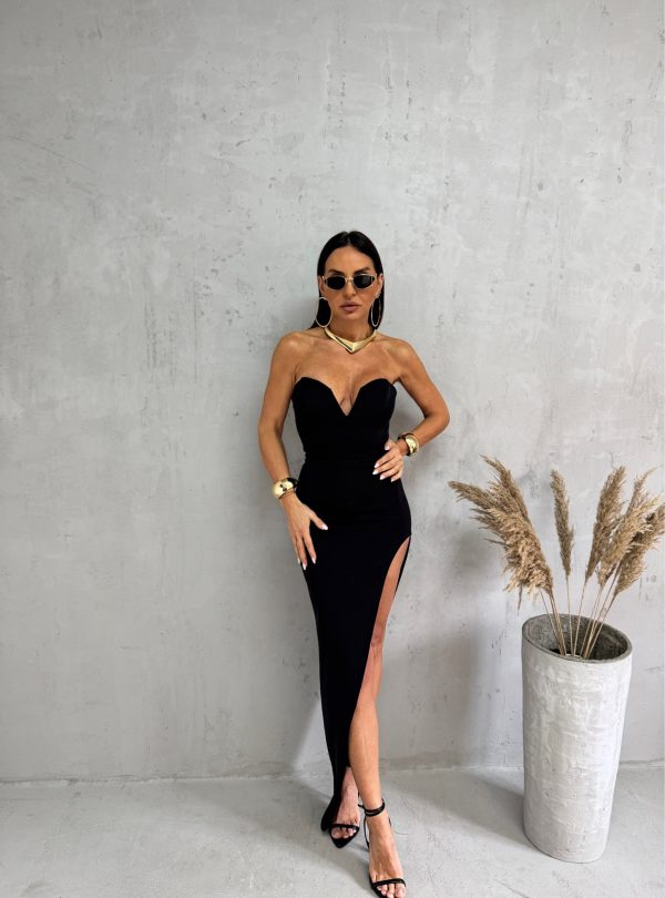 Crna elegantna korset haljina srcolikog dekoltea i dubokog šlica