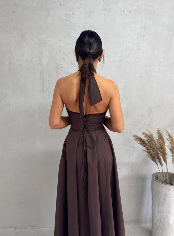 Midi braon romantična pamučna strukirana haljina sa halter vezivanjem na vratu A kroja, skrivenim džepovima i korset pertlanjem na leđima