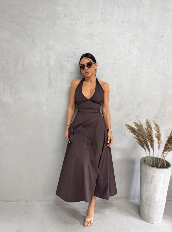 Midi braon romantična pamučna strukirana haljina sa halter vezivanjem na vratu A kroja, skrivenim džepovima i korset pertlanjem na leđima
