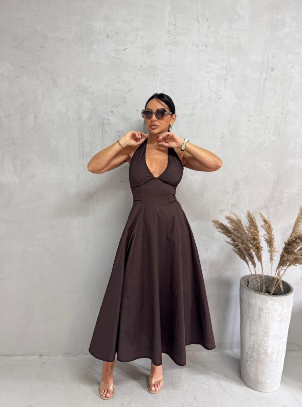 Midi braon romantična pamučna strukirana haljina sa halter vezivanjem na vratu A kroja, skrivenim džepovima i korset pertlanjem na leđima