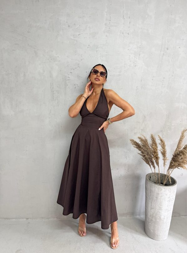 Midi braon romantična pamučna strukirana haljina sa halter vezivanjem na vratu A kroja, skrivenim džepovima i korset pertlanjem na leđima