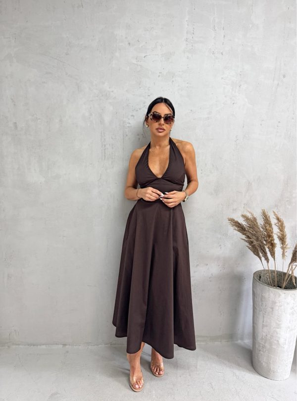 Midi braon romantična pamučna strukirana haljina sa halter vezivanjem na vratu A kroja, skrivenim džepovima i korset pertlanjem na leđima