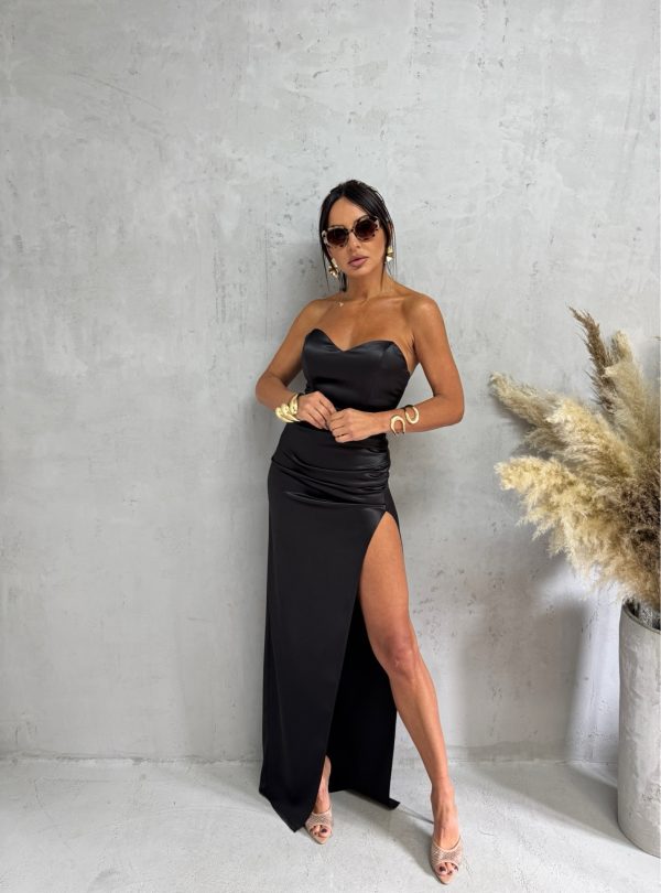 Duga elegantna crna korset satenska haljina sa dubokim šlicem