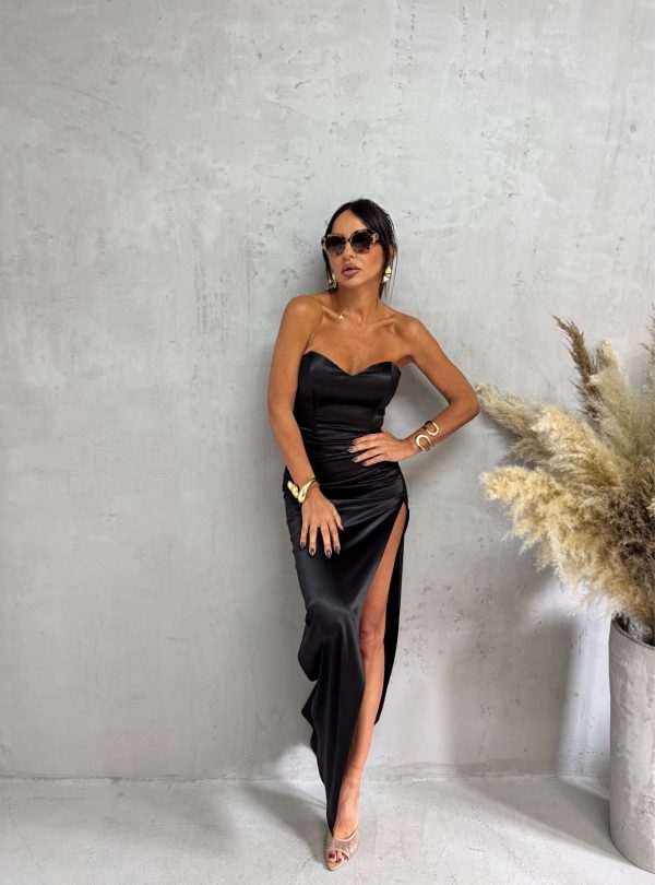 Duga elegantna crna korset satenska haljina sa dubokim šlicem