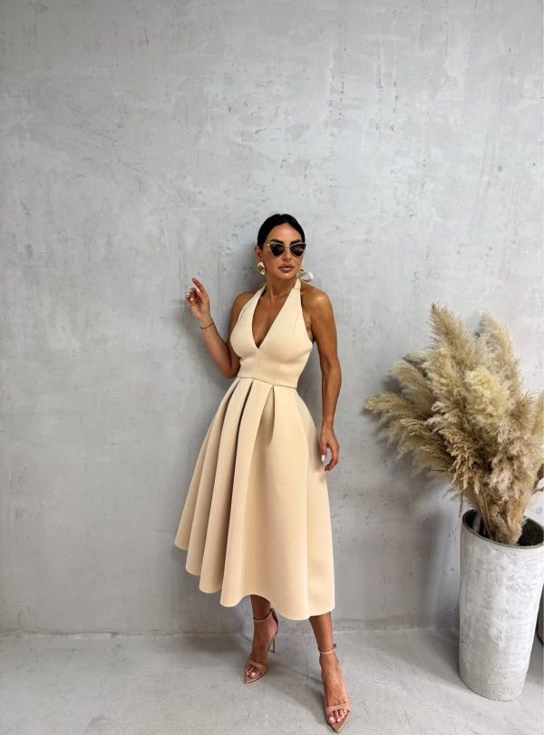 Midi bež čvrsta haljina od skube A kroja sa halter vezivanjem oko vrata i otvorenim leđima