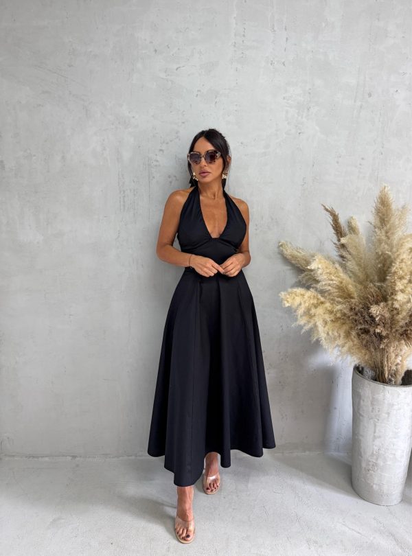 Midi crna romantična pamučna strukirana haljina sa halter vezivanjem na vratu A kroja, skrivenim džepovima i korset pertlanjem na leđima