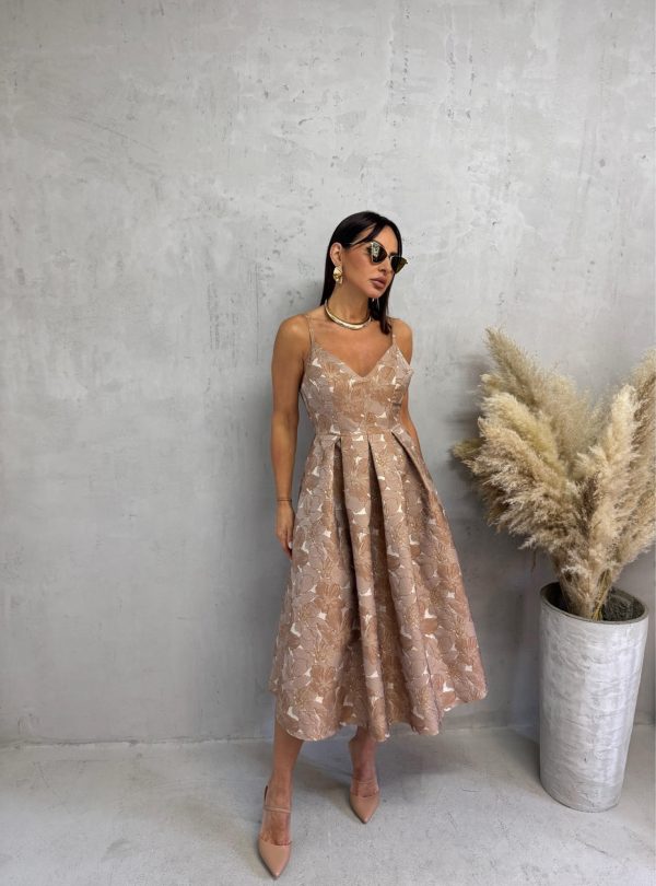 Midi elegantna cvetna haljina na bretele A kroja sa džepovima zemljanih tonova