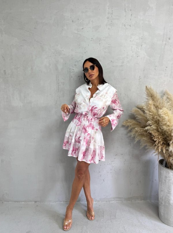 Mini lepršava cvetna košulja haljina dugih rukava na kopčanje sa pojasom