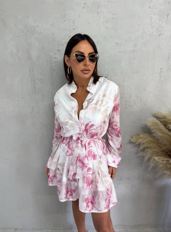Mini lepršava cvetna košulja haljina dugih rukava na kopčanje sa pojasom