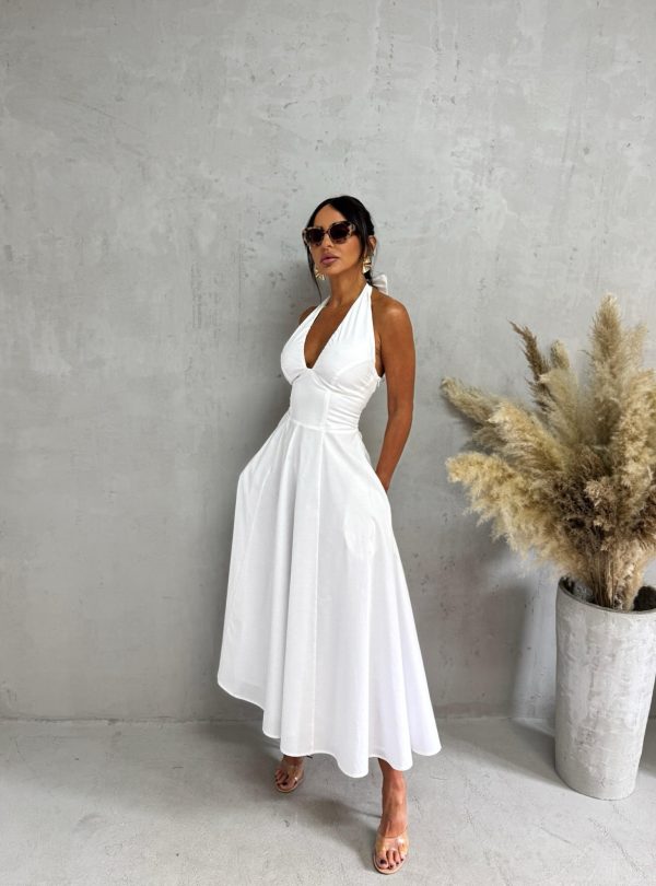 Midi bela romantična pamučna strukirana haljina sa halter vezivanjem na vratu A kroja, skrivenim džepovima i korset pertlanjem na leđima