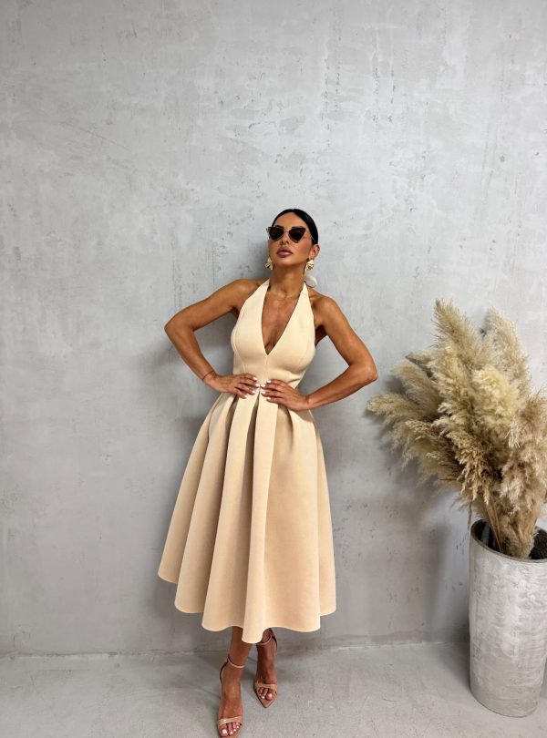 Midi bež čvrsta haljina od skube A kroja sa halter vezivanjem oko vrata i otvorenim leđima