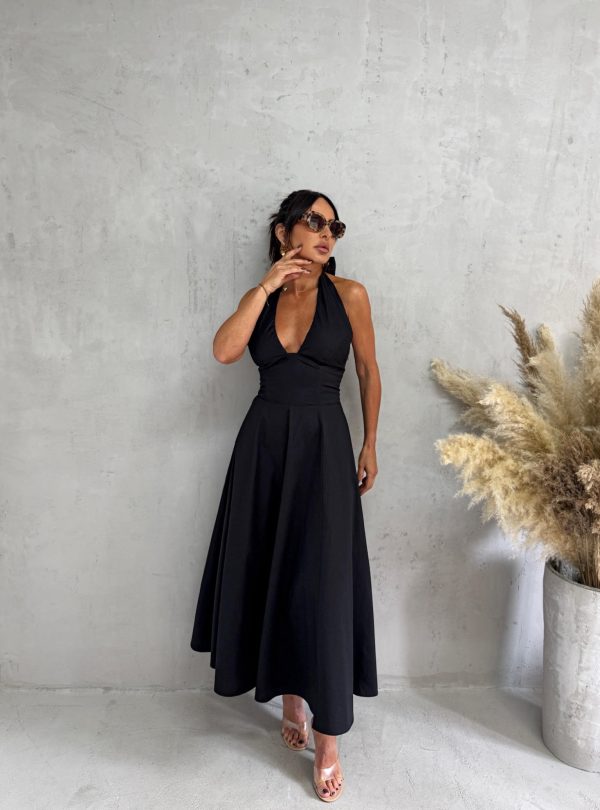 Midi crna romantična pamučna strukirana haljina sa halter vezivanjem na vratu A kroja, skrivenim džepovima i korset pertlanjem na leđima