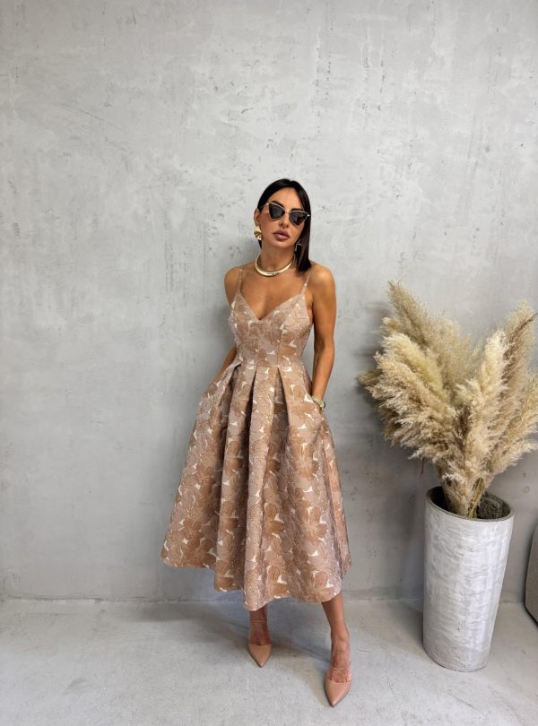 Midi elegantna cvetna haljina na bretele A kroja sa džepovima zemljanih tonova