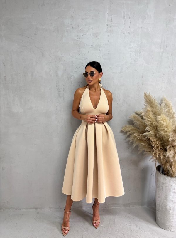 Midi bež čvrsta haljina od skube A kroja sa halter vezivanjem oko vrata i otvorenim leđima