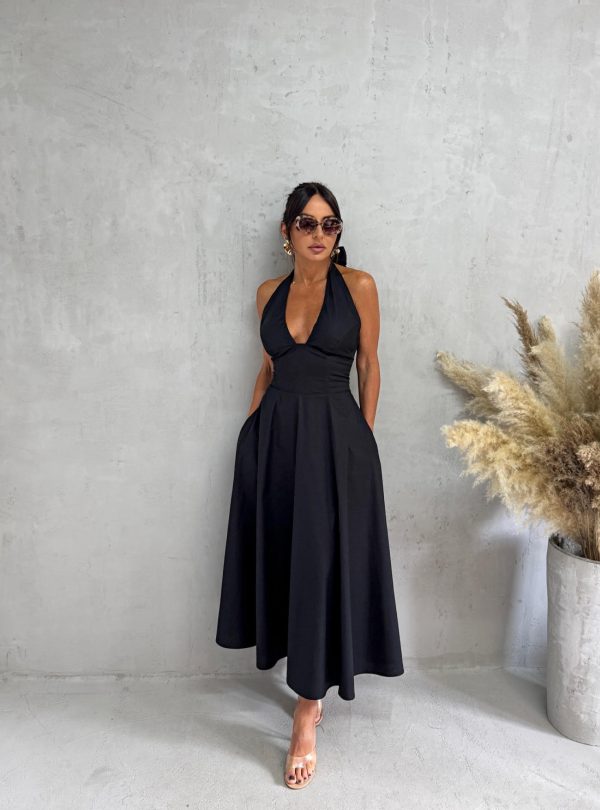 Midi crna romantična pamučna strukirana haljina sa halter vezivanjem na vratu A kroja, skrivenim džepovima i korset pertlanjem na leđima