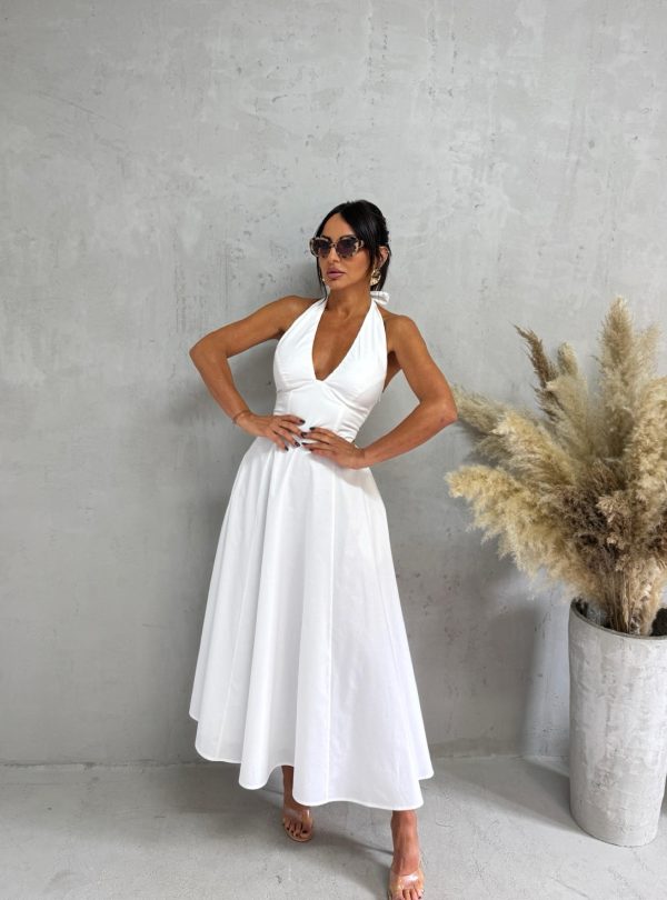 Midi bela romantična pamučna strukirana haljina sa halter vezivanjem na vratu A kroja, skrivenim džepovima i korset pertlanjem na leđima