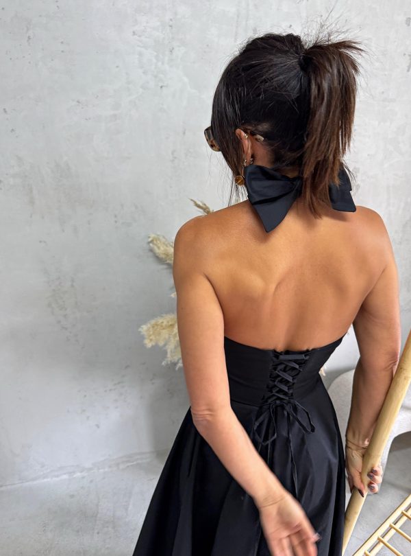 Midi crna romantična pamučna strukirana haljina sa halter vezivanjem na vratu A kroja, skrivenim džepovima i korset pertlanjem na leđima