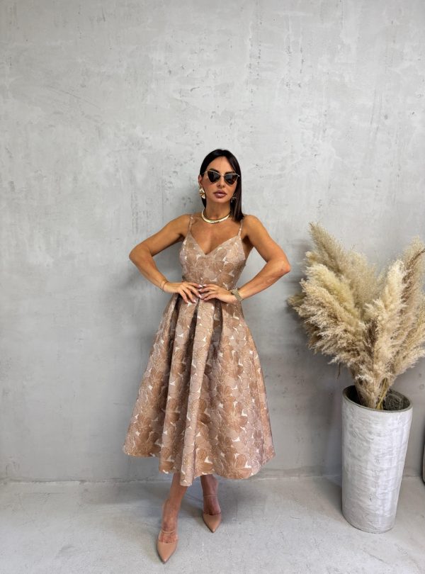 Midi elegantna cvetna haljina na bretele A kroja sa džepovima zemljanih tonova