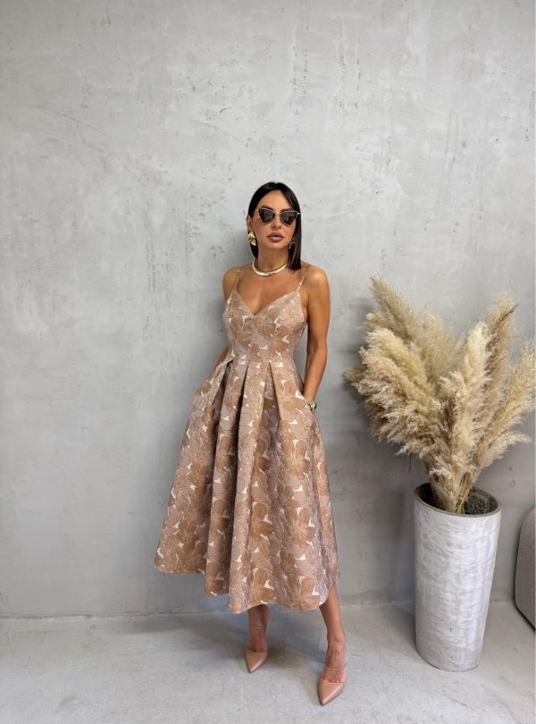 Midi elegantna cvetna haljina na bretele A kroja sa džepovima zemljanih tonova